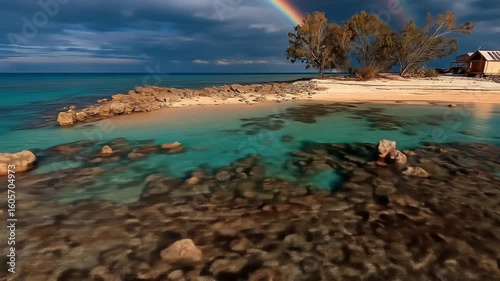 Serene coastal landscape featuring a rainbow over a rocky shore with a quaint beach house