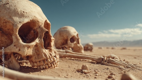 Skeletal remains in a desolate desert landscape representing mortality and loss