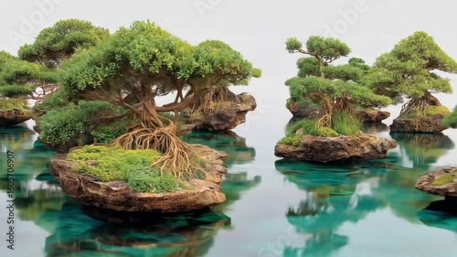 Serene floating bonsai trees on rocky islands amidst tranquil turquoise waters, nature's beauty