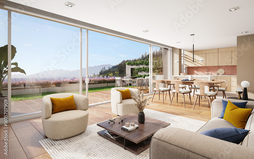 Amplia sala, con comedor y cocina tipo americano, con vista al pasiaje y patio exterior, 3d render