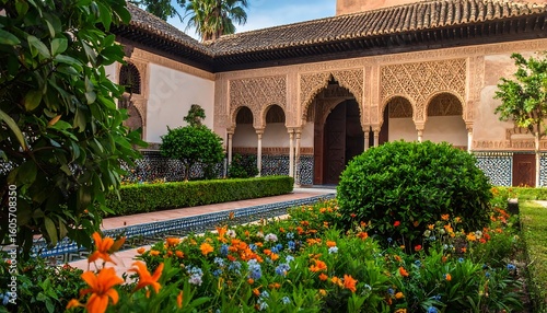 Captivating Architectural Beauty: Serene Garden Oasis in Granada, Spain with Moorish influences