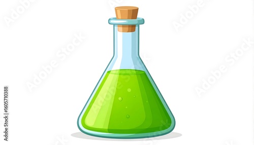 Cartoon-styled Erlenmeyer flask filled with glowing green liquid and a cork stopper