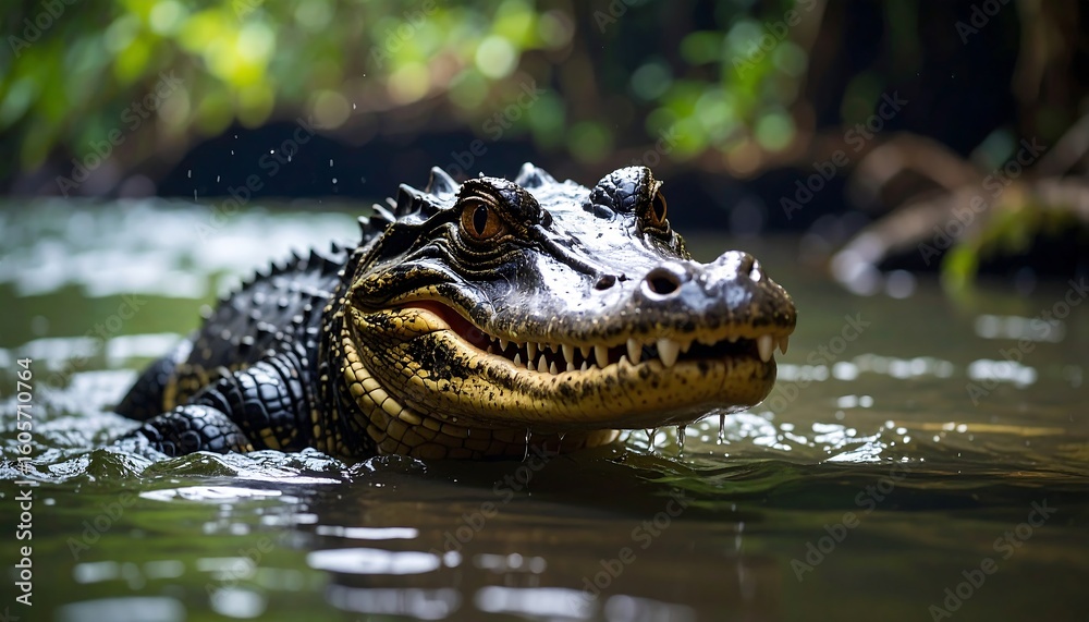 Close-up of a Caiman in the Amazon Rainforest River with Sharp Teeth Close-up of a Caiman in the Amazon Rainforest River with Sharp Teeth