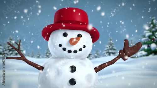 Snowman animation with a red hat and snow