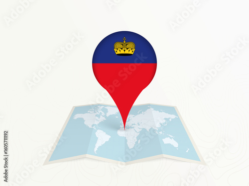 Liechtenstein Map Pin with National Flag on Open World Map.