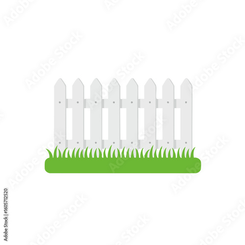 Vector illustration of picket fence with grass flat style on white background, garden element