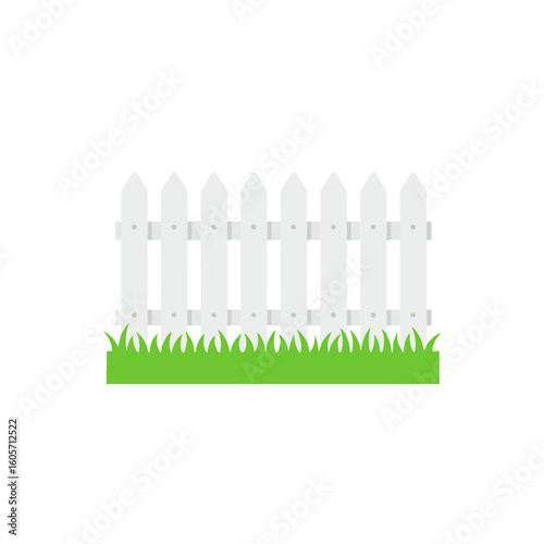 Vector illustration of picket fence with grass flat style on white background, garden element