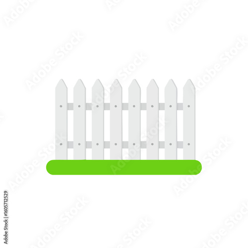 Vector illustration of picket fence with grass flat style on white background, garden element
