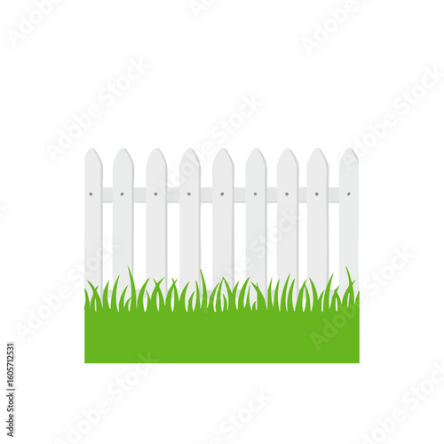 Vector illustration of picket fence with grass flat style on white background, garden element