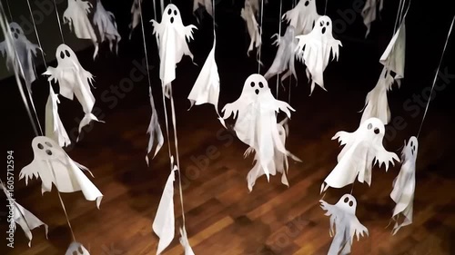 Spooky swarm. White paper ghosts dangle from strings against a dark background. Each has cutout eyes and mouths, creating a whimsical, Halloween-themed scene