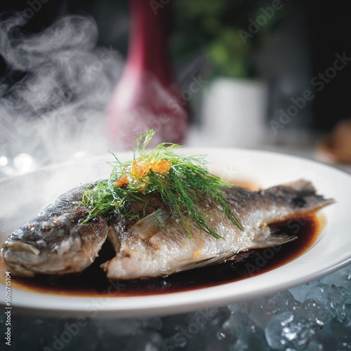 Plated steamed fish with soy sauce, fish on ice, professional commercial lighting