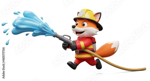 Cartoon fox firefighter spraying water