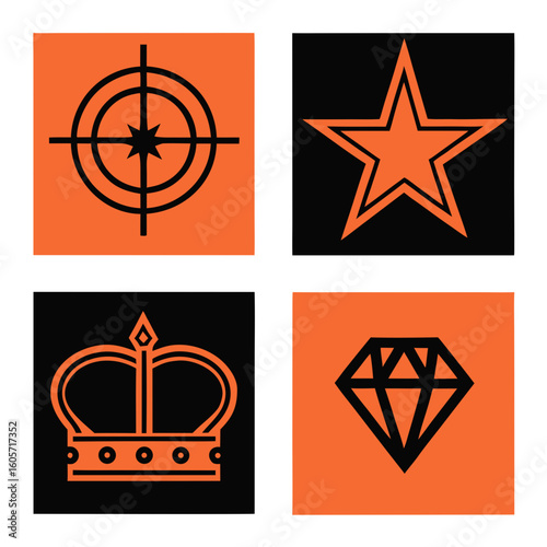 Four symbolic icons: target, star, crown, and diamond, displayed in a grid pattern on contrasting orange and black squares.
