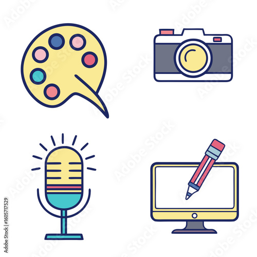 Colorful icons representing creative professions: photography, graphic design, podcasting, and painting.