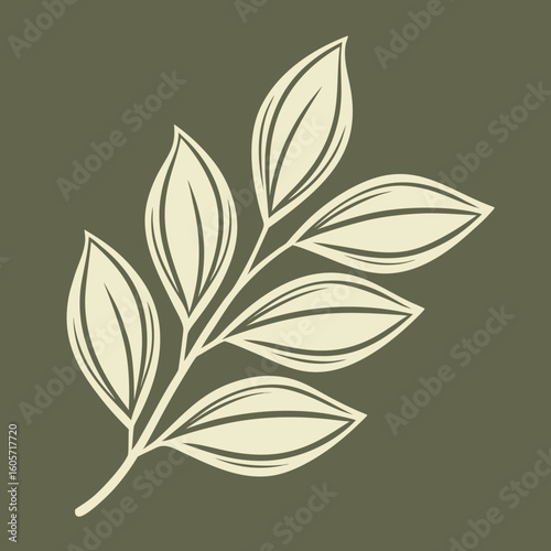 Cream-colored leaf branch illustration against a muted olive-green background.