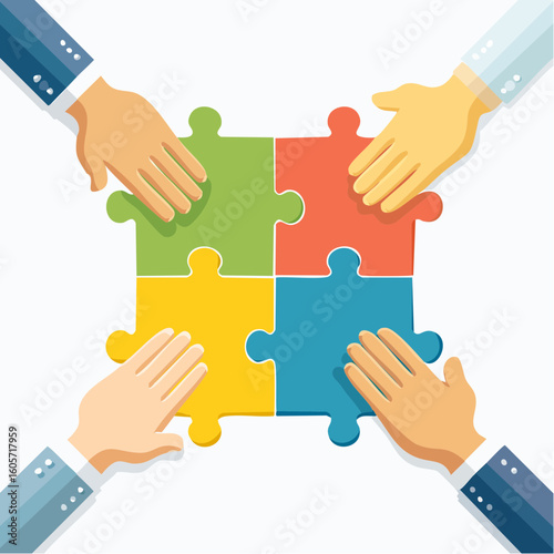 Four hands assembling colorful puzzle pieces, symbolizing teamwork and collaboration.