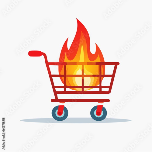 A fiery shopping cart symbolizes intense consumer spending or impulsive buying.