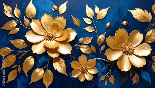 Gold flowers on navy blue background