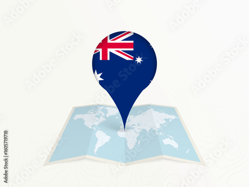 Australia Map Pin with National Flag on Open World Map.