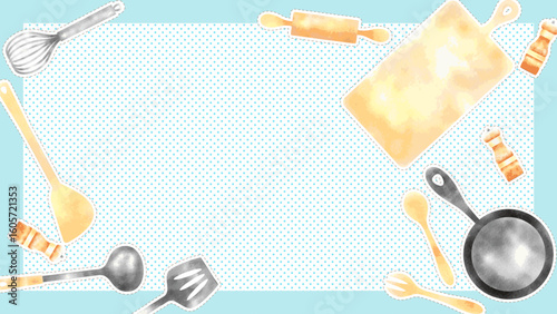 かわいいキッチン用品のイラスト背景、16:9サムネイル