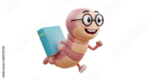 Cartoon worm carrying book running