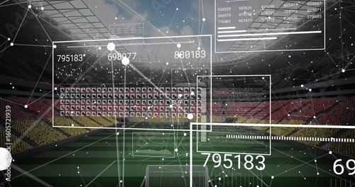 Displaying augmented reality data floating above pitch at soccer stadium, with goalposts and charts