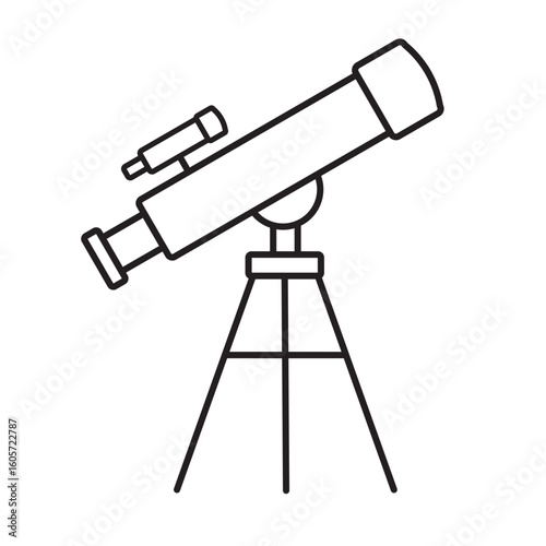 Minimal Telescope Icon – Black Line Art Astronomical Scope Illustration on Tripod Stand Isolated on Transparent Background