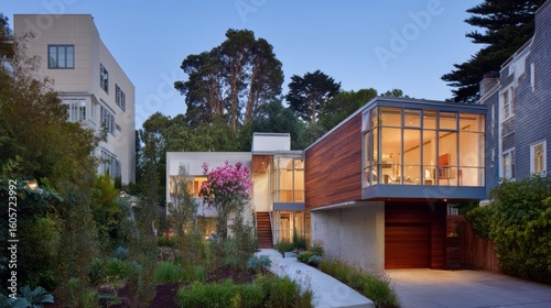 Contemporary house exterior at dusk, warm inter