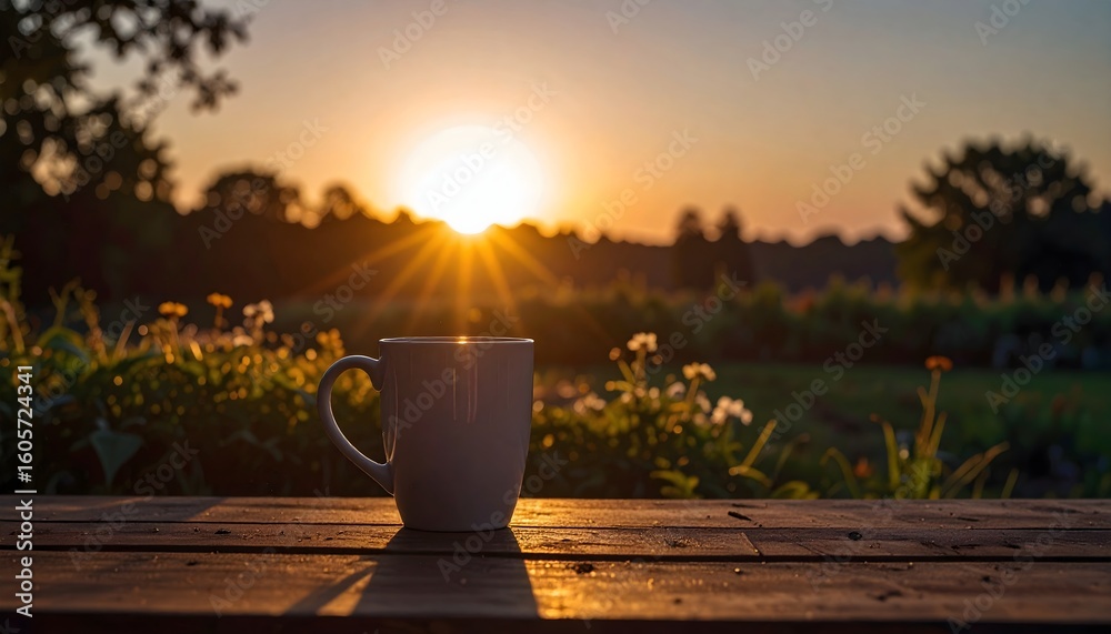 Fototapeta premium Sunlight hitting a ceramic coffee mug placed on wooden table in outdoor garden