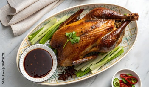 roasted whole pecking duck with sauce and vegetables served in white plate on white background
