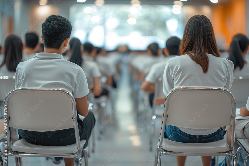 Naklejka premium In the photo, students sit in chairs and take an exam at a university. The background is blurred with a bokeh effect, and the students are wearing white uniform shirts. The concept of education
