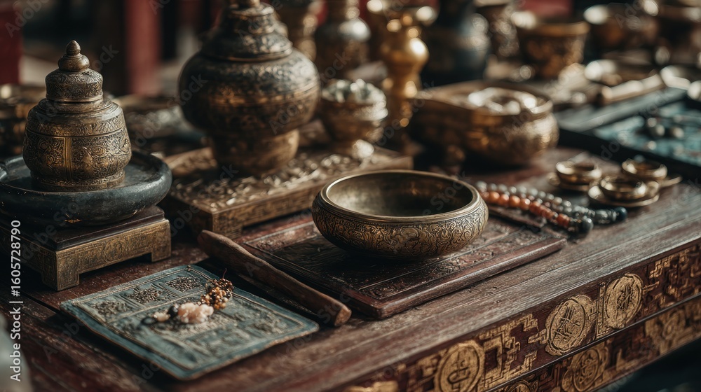 Fototapeta premium Detailed display of antique asian brassware and ritual artifacts on wooden surface