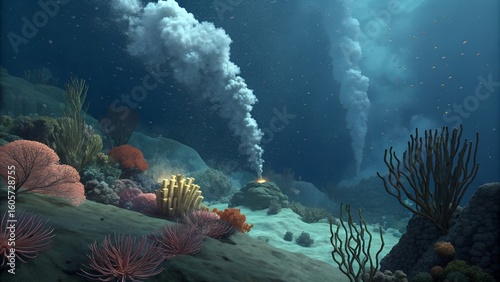 Cross-section of a deep-sea hydrothermal vent ecosystem — tube worms, sulfide emissions, bacteria clouds rendered in deep ocean color palette