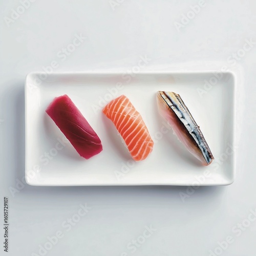 Minimalist sushi plate with tuna, salmon, and mackerel on white ceramic, bright background 