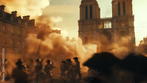 French revolutionaries gathering in Paris streets with Notre Dame cathedral backdrop during historic rebellion period showcasing 18th century uprising atmosphere