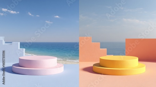 Two pastel-colored, circular podiums against a beach scene.