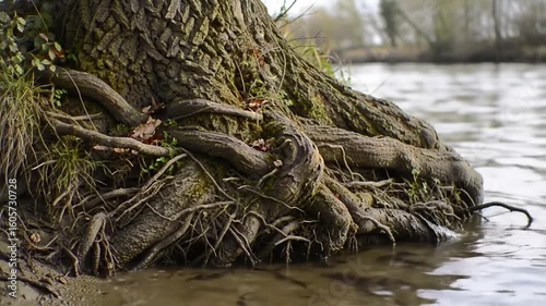 Tree's gnarled roots emerge from riverbank, intertwining above murky water