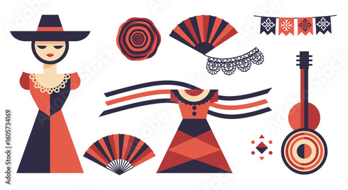 Illustration of a flamenco dancer with a hat, dresses, fans, guitar and decorative banner elements