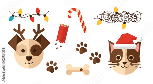 Festive christmas themed image featuring a dog with antlers cat with santa hat and christmas lights