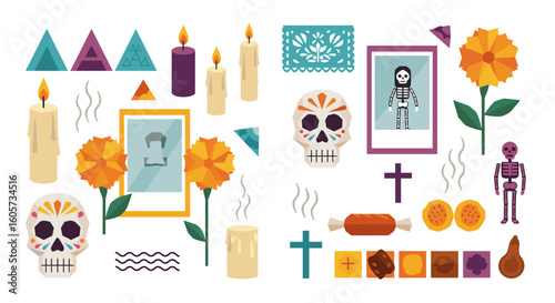 Dia de los muertos elements including candles, skulls, flowers, crosses, and other decorations