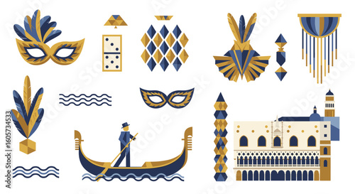Illustration of venice themed elements including masks gondola architecture and dominoes in blue and gold
