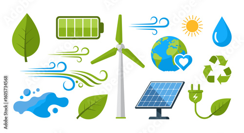 Illustration showing renewable energy sources including solar wind and water with earth and leaves
