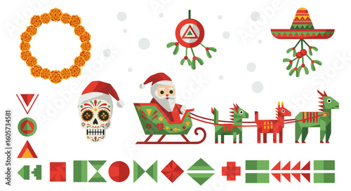 Festive mexican christmas with santa in a sleigh pulled by alebrijes and day of the dead elements