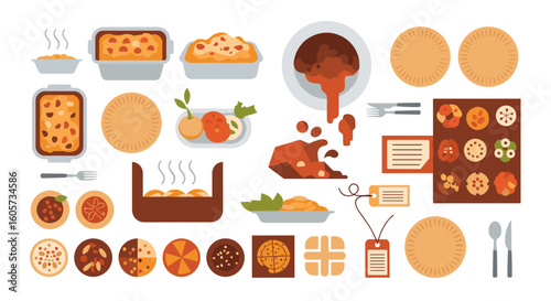 An assortment of food items including pies casseroles and sliced dishes arranged on a white background