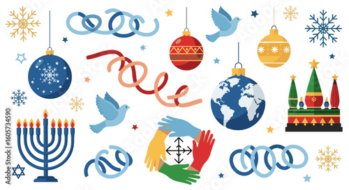 Festive holiday decorations with ornaments doves menorah and diverse hands celebrating unity and peace