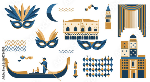 Illustration of venice with gondola masks buildings and decorative elements in blue and gold colors