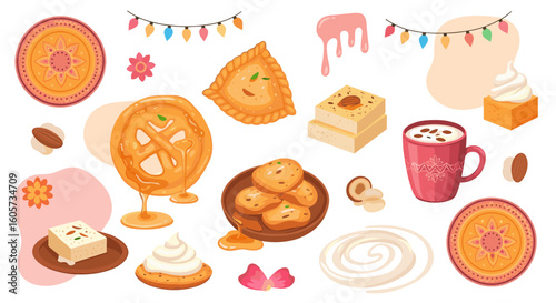 A delightful assortment of indian sweets and desserts arranged in a colorful and festive composition