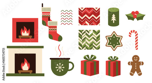 Festive christmas elements featuring fireplaces stockings gifts and holiday treats arranged nicely