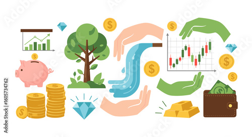 Illustration showing financial growth with piggy bank, coins, graph, tree, water, hands and valuables