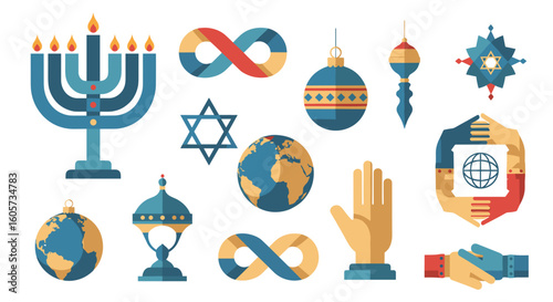 Diverse cultural and religious symbols including menorah globe and infinity arranged together nicely